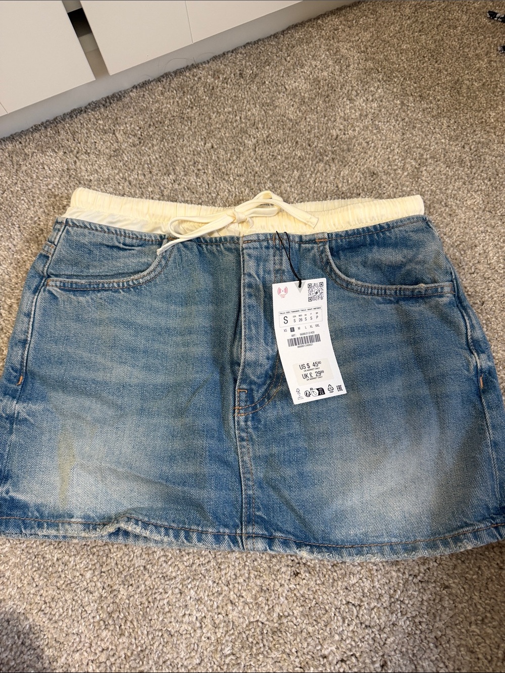Zara Denim Drawstring Mini Skirt in Blue and Cream